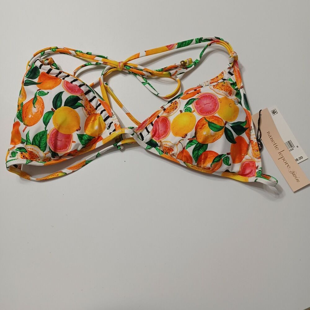 New Nanette Lepore Womens 10 Bikini Swim Top White Orange Lemon Halter Neck Tie